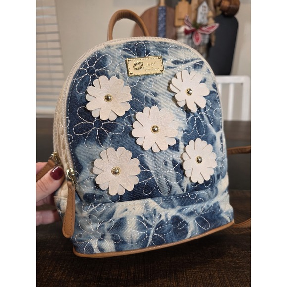 Betsey Johnson Tie Dye Denim Mini Backpack Blue Jean Quilted Flowers Bag 90s y2k - Picture 12 of 15